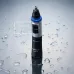Front view of Panasonic ER-GN30K Nose Trimmer standing upright on reflective surface with water droplets and wet/dry use text.