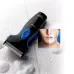 Angled view of Panasonic ES-SA40 Shaver on wet surface with foam and inset showing clean-shaven face.