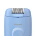 Close-up of Philips BRE228/00 Epilator light blue body with rotating tweezers, textured grip, and silver Philips branding.
