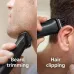Split lifestyle view of Philips MG3720/33 Trimmer used for beard trimming on jawline and hair clipping around ear.