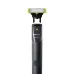 Vertical view of Philips OneBlade QP1424/10 Trimmer with detachable rectangular blade above black textured handle and power button.