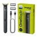 Kit view of Philips OneBlade QP1424/10 Trimmer with two comb attachments, USB cable, and bright green branded packaging.