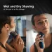 Lifestyle view of Philips S1151/00 Shaver used for wet shave with cream and dry shave, highlighting versatile Wet & Dry design.