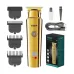 VGR V-947 gold hair clipper kit with guide combs, USB cable, cleaning brush, oil bottle, and retail box set