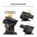 K&F Concept KF31125-BV50 hydraulic tripod head showing quick disassembly and one-click quick release plate installation.