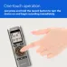Angled view of Philips DVT1170 Voice Recorder operated by hand pressing central record button on display screen.