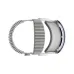 Top-down view of Apple Vision Pro paired with braided Apple Watch band featuring orange trim and metallic case.