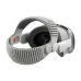Front and side view of Apple Vision Pro with glossy visor, orange-accented strap, and visible internal lenses.