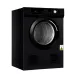 Front view of Haier 8 KG Dryer in black with circular transparent door, metallic drum, and digital control panel.