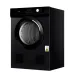 Front view of Haier 8 KG Dryer with sleek black design, circular door, and caution label near bottom right corner.