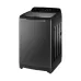 Angled view of Haier 13 KG Washing Machine with dark metallic body, semi-transparent lid, and top control buttons.