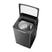 Open lid view of Haier 13 KG Washing Machine showing stainless steel perforated drum and digital control panel.