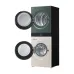 Stacked view of LG WT1410NHEG Front Load WashTower with open dryer and washer doors showing stainless steel drums.
