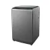 Angled view of TCL F710TLG Washing Machine with tinted glass lid, black control panel, and contoured metallic sides.