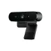 Front view of the black Logitech Brio 4K Webcam, showing the lens and the attached monitor clip.