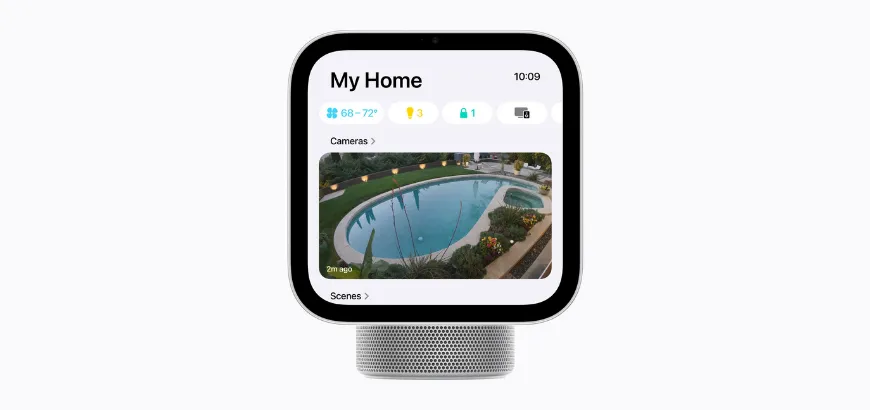Front view of a smart home display hub showing a "My Home" control interface with live pool camera footage.