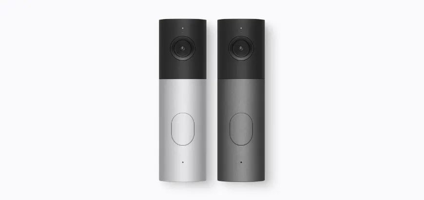 Straight-on front view of two slim smart LG Video Doorbell Wired in silver and dark gray finishes.