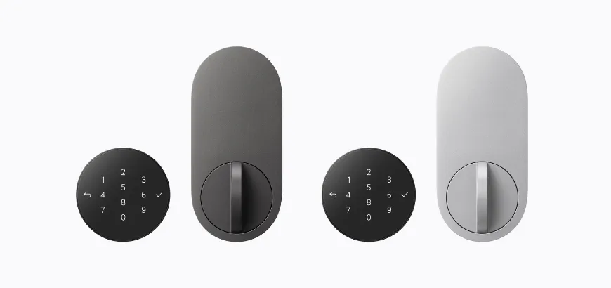 Front view of LG Smart Deadbolt Lock keypads and deadbolt handles shown in dark charcoal and light silver options.