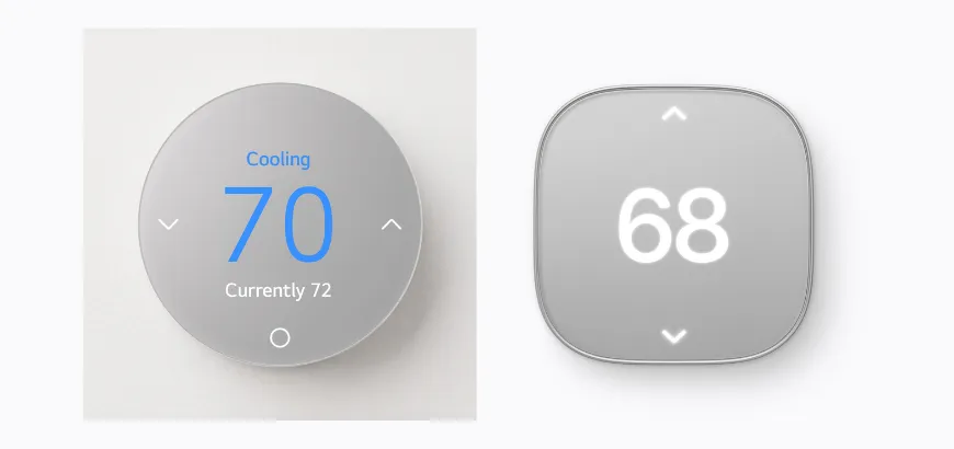 Front view of two LG and Schneider smart thermostats, one showing a circular digital interface and the other a square rounded display.