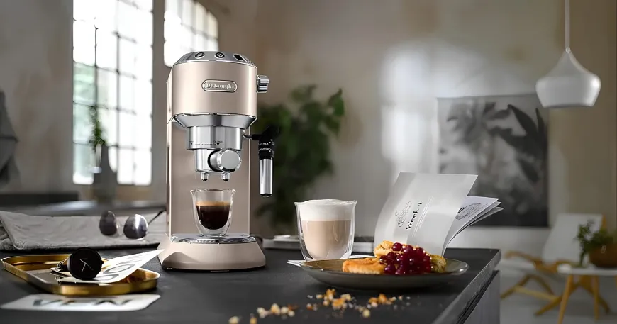 Side-angled view of a compact beige DeLonghi EC785 Dedica Metallics pump espresso machine set up on a kitchen counter with glass cups.
