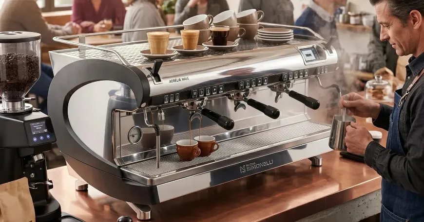 Side profile view of a Nuova Simonelli Aurelia Wave 2 Group professional multi-group commercial espresso machine with a barista steaming milk in a cafe.