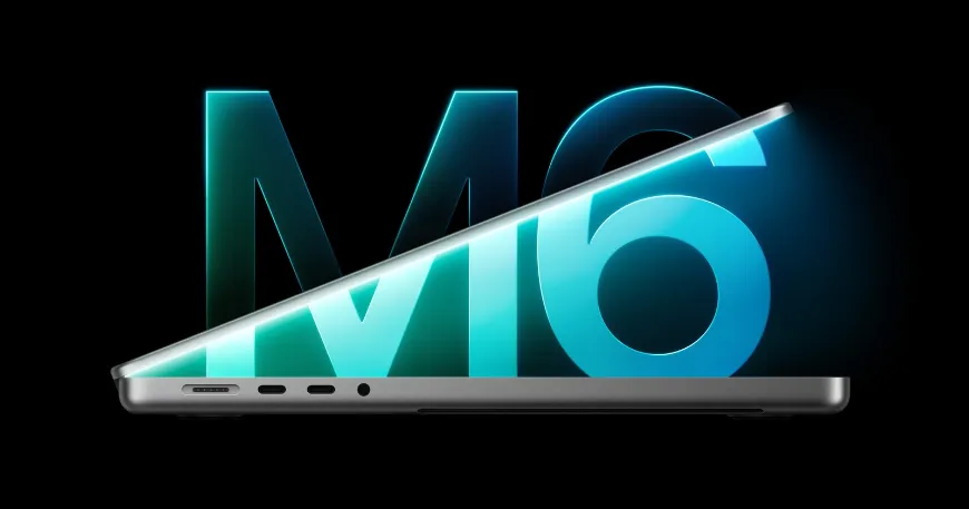 Side profile of a partially open silver New MacBook Pro with glowing cyan "M6" text illuminated in the background.