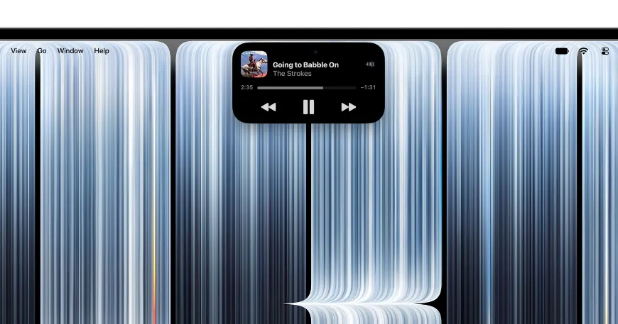 Close-up top section of a new macbook pro screen featuring a media player widget floating in the center notch area over an abstract metallic wallpaper.