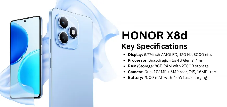 Front and back view of HONOR X8d showing AMOLED display and triple rear camera design with sleek finish.