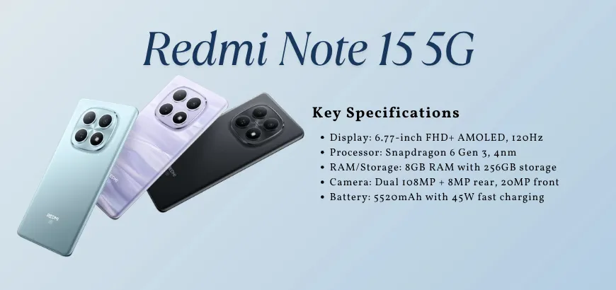 Diagonal layout of Redmi Note 15 5G showing three color variants with AMOLED display and dual rear cameras.