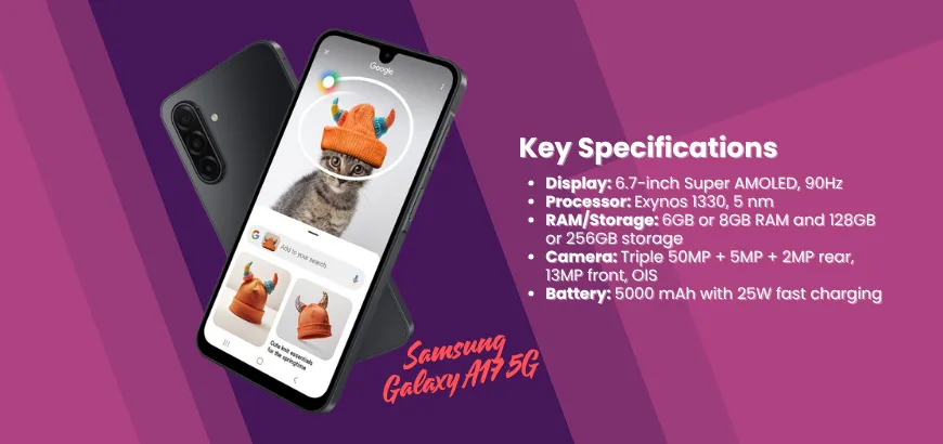 Front and back view of Samsung Galaxy A14 5G highlighting AMOLED screen and triple rear camera setup.