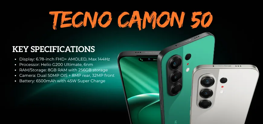 Front and back view of TECNO CAMON 50 showing AMOLED display and dual rear cameras in promotional layout.