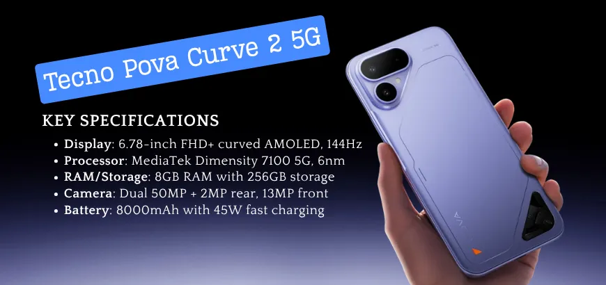 Handheld view of Tecno Pova Curve 2 5G showing curved AMOLED screen and rear camera design.